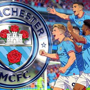 曼彻斯特城足球俱乐部球队徽章与球员庆祝进球